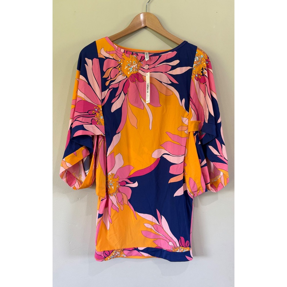 Trina Turk Womens 4 Luv Dress Tunic Top Pink Navy Orange Floral Wide Sleeve Boho